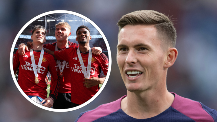 Dean Henderson headshot while on England duty. Inset, Alejandro Garnacho, Rasmus Hojlund, Amad Diallo pose with FA Cup winners medals