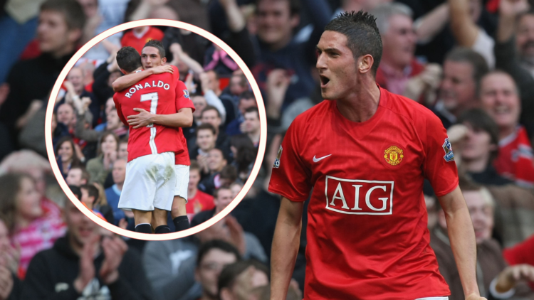 Federico Macheda celebrates goal v Aston Villa 2009, inset Macheda hugs Cristiano Ronaldo