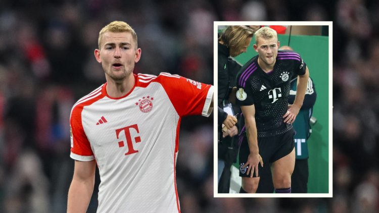 Matthijs de Ligt in action for Bayern. Inset, De Ligt on sidelines with injury