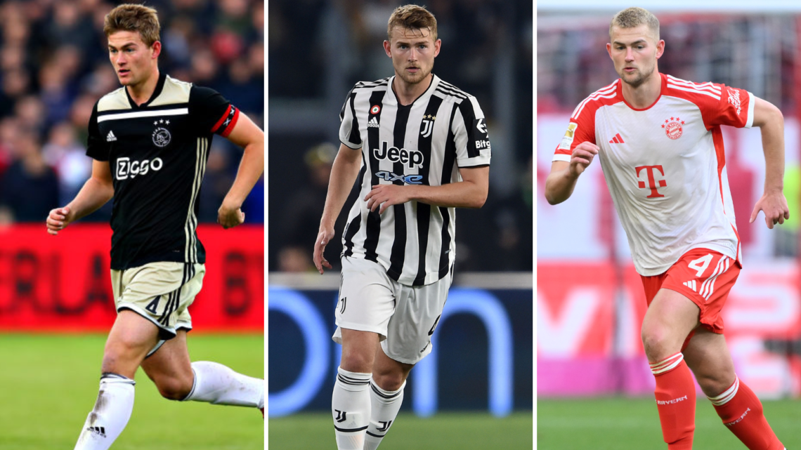 Triple image, Mathis de Ligt playing for Ajax, for Juventus, for Bayern Munich