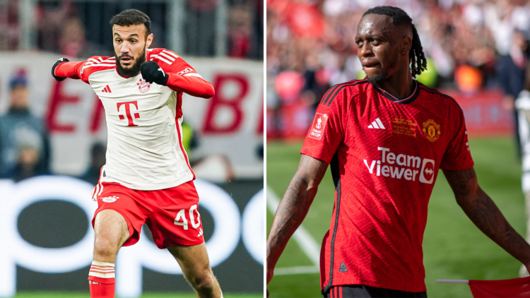 split image - Left: Noussair Mazraoui playing for Bayern Munich, right- Aaron Wan-Bissaka playing for Manchester United