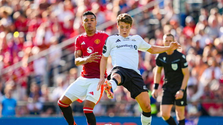Sverre Nypan challenges Casemiro during Manchester United vs Rosenborg.