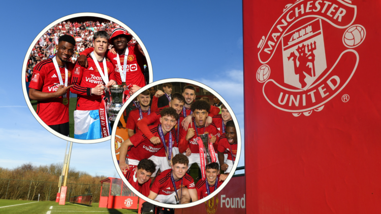 Carringtont training ground. Inset, Amad, Kobbie Mainoo, Alejandro Garnacho with FA Cup medals, inset 2, Ethan Wheatley and u18s with Premier Leagu...