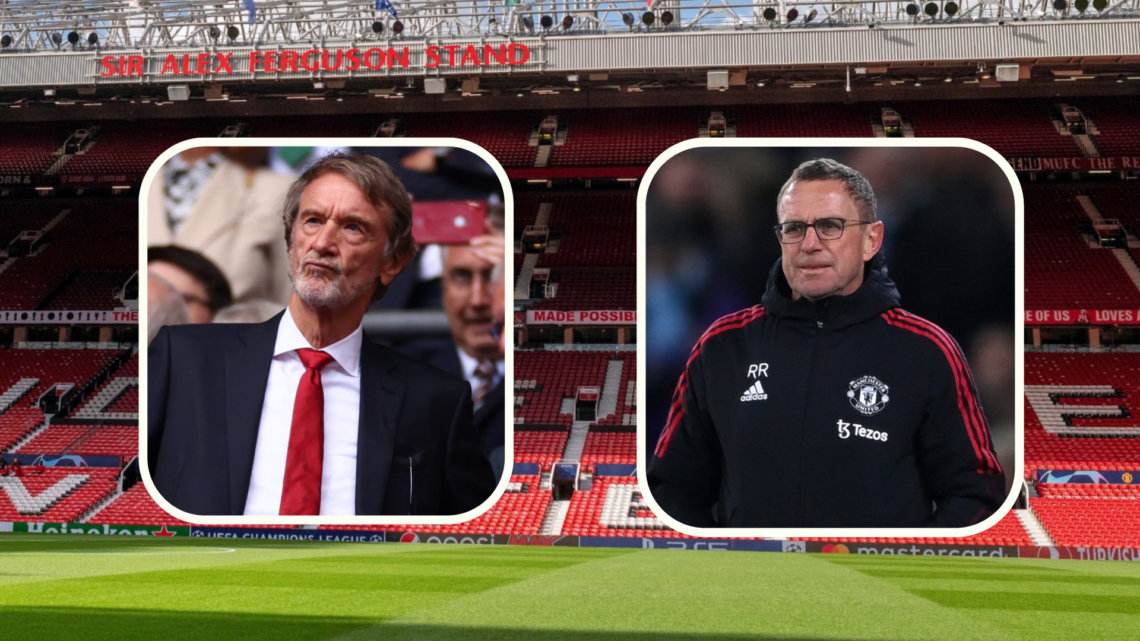 Old Trafford stadium background. Inset, Sir Jim Ratcliffe, inset, Ralf Rangnick