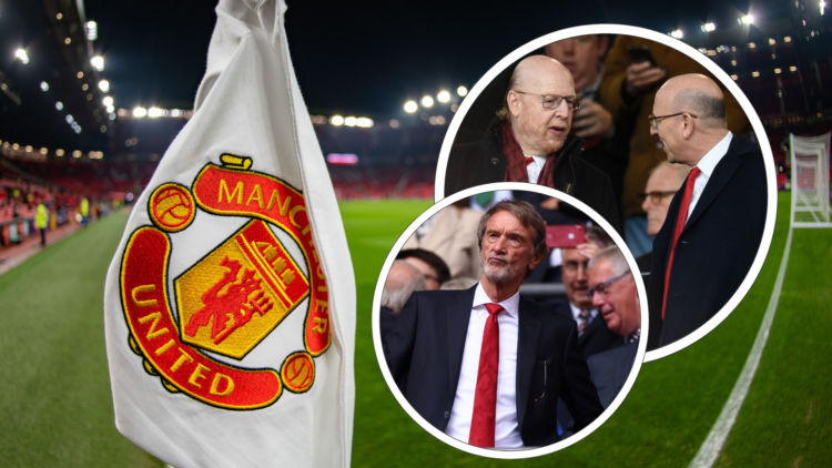 Manchester United badge on corner flag. Inset 1: Sir Jim Ratcliffe, Inset 2, Avram and Joel Glazer talk to each other