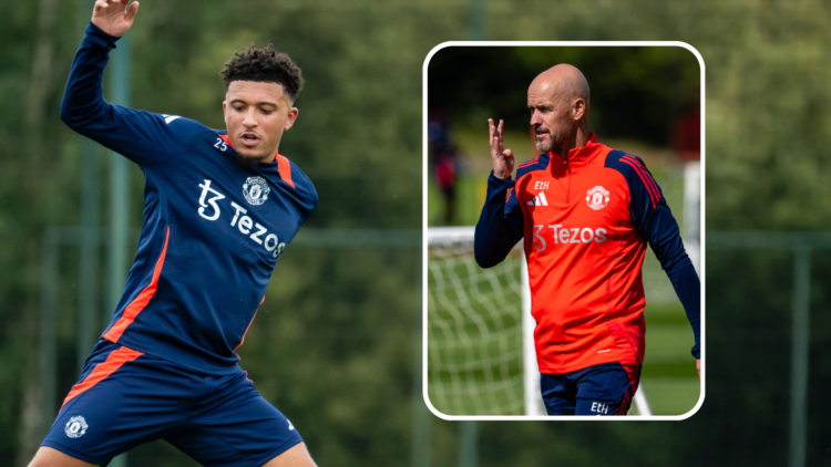 Jadon Sancho trains at Carrington. Inset, Erik ten Hag gives instructions