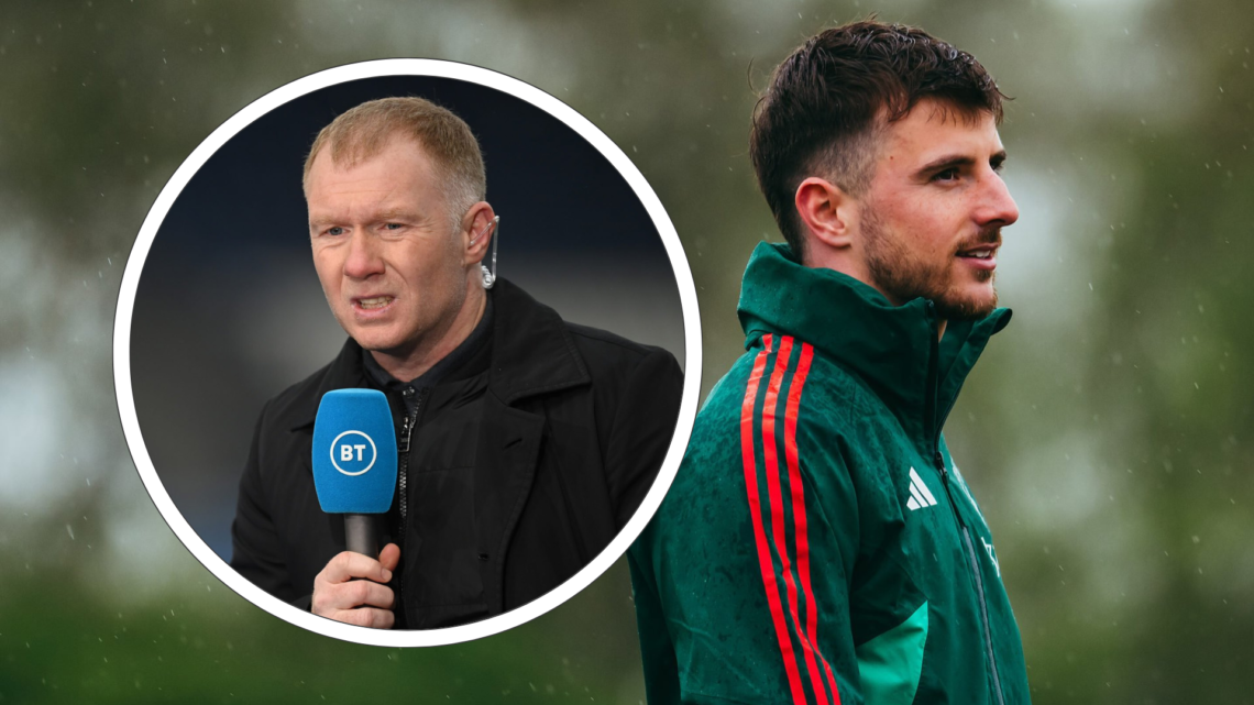 Mason Mount looks off to the right in training for Manchester United. Inset, Paul Scholes on pundit duty holding a microphone.