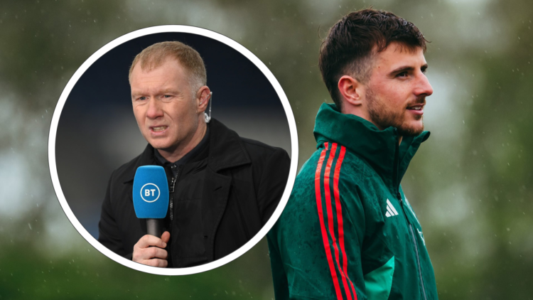 Mason Mount looks off to the right in training for Manchester United. Inset, Paul Scholes on pundit duty holding a microphone.