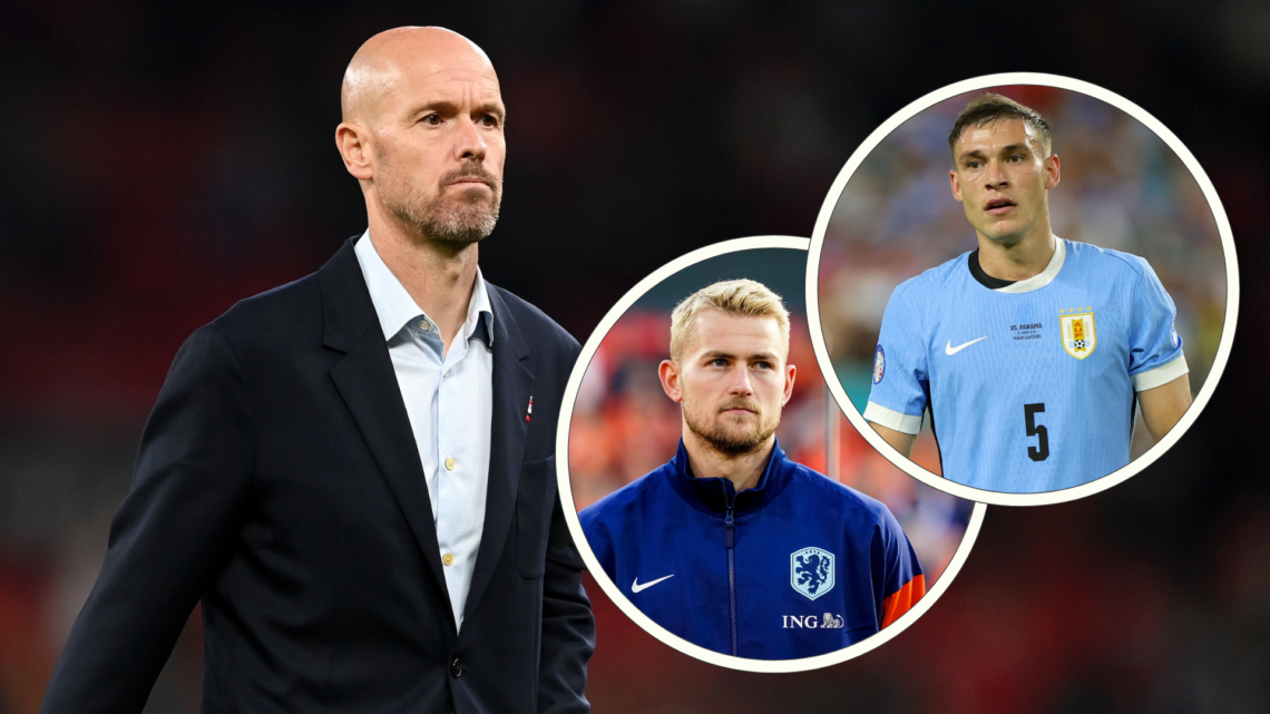 Erik ten Hag wearing a suit. Inset, Matthijs de Ligt, and Manuel Ugarte