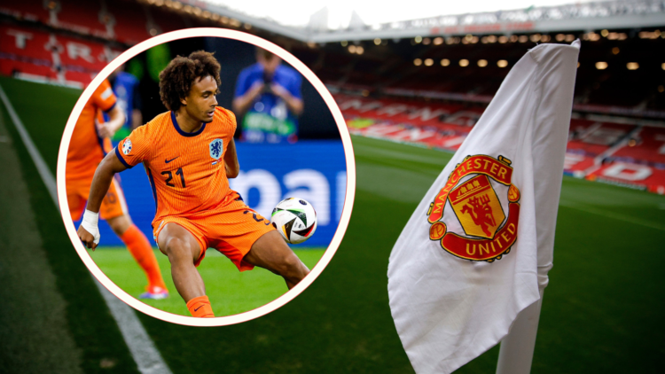 Old Trafford interior. Inset, Joshua Zirkzee playing for Netherlands