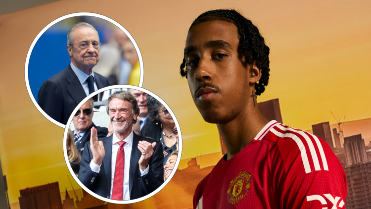 Leny Yoro in Manchester United shirt. inset, glum Florentino Perez, and happy Sir Jim Ratcliffe