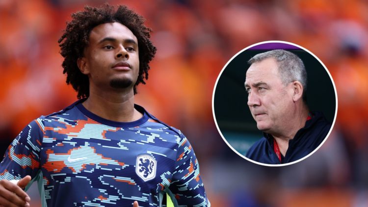 Joshua Zirkzee of Netherlands during warm up before the Uefa Euro 2024. Inset, Rene Meulensteen.