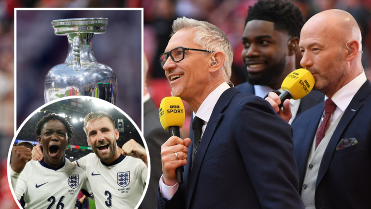 LONDON, ENGLAND - APRIL 16: Sports Broadcaster, Gary Lineker and pundits Danny Murphy, Micah Richards and Alan Shearer react prior to The Emirates ...