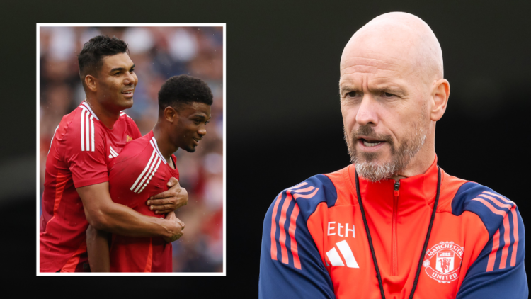 MANCHESTER, ENGLAND - JULY 22: Manager Erik ten Hag of Manchester United in action during a pre-season training session at Carrington Training Grou...