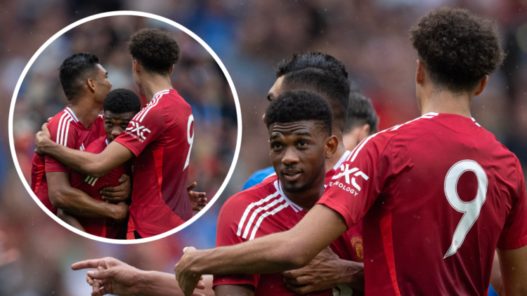 EDINBURGH, SCOTLAND - JULY 20: Amad Diallo of Manchester United celebrates scoring his team's first goal with teammates Casemiro, Ethan Wheatley an...