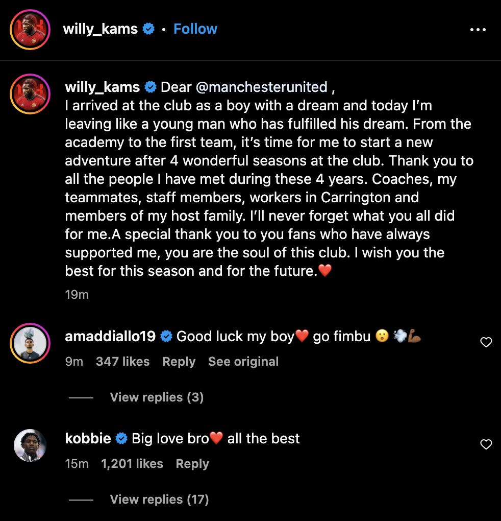 Kobbie Mainoo and Amad Diallo react to Willy Kambwala’s exit from Manchester United. Credit: Instagram