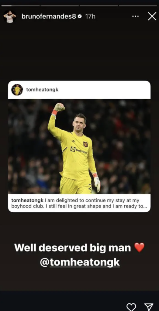 Manchester United captain Bruno Fernandes sends message to club teammate Tom Heaton. Credit: Instagram