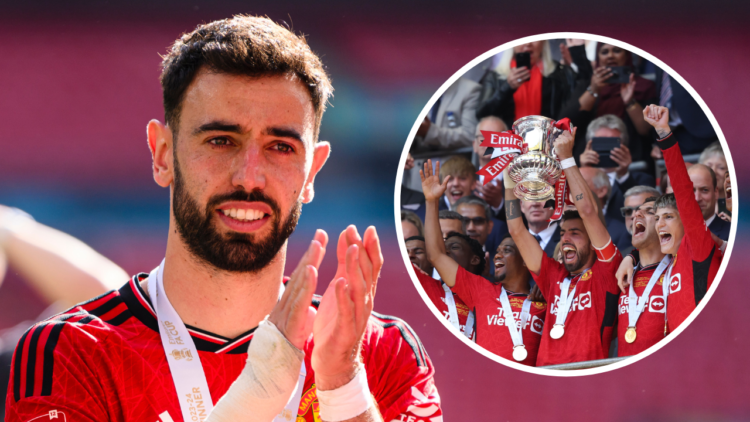 LONDON, ENGLAND - MAY 25: Bruno Fernandes of Manchester United celebrates with his teammates and fans after winning Manchester City during the Emir...