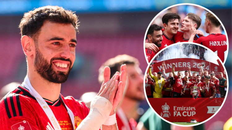 LONDON, ENGLAND - MAY 25: Bruno Fernandes of Manchester United celebrates with his teammates and fans after winning Manchester City during the Emir...