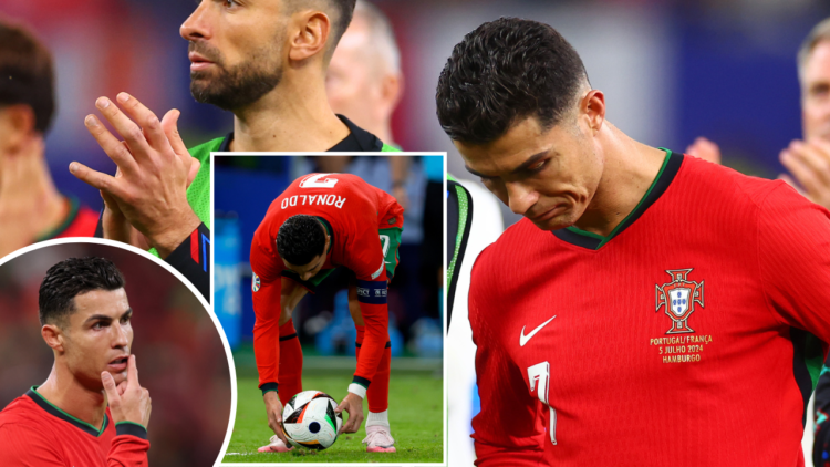 HAMBURG, GERMANY - JULY 05: Cristiano Ronaldo of Portugal reacts at full-time following the UEFA EURO 2024 quarter-final match between Portugal and...