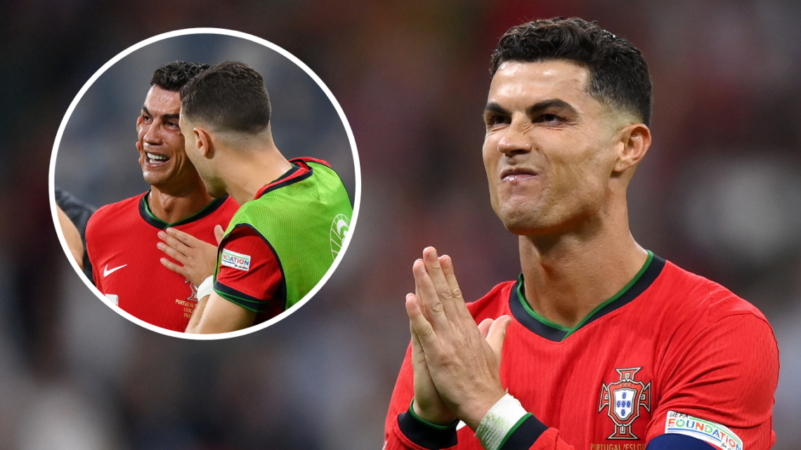 FRANKFURT AM MAIN, GERMANY - JULY 01: Cristiano Ronaldo of Portugal celebrates scoring the team's first penalty in the penalty shoot out during the...