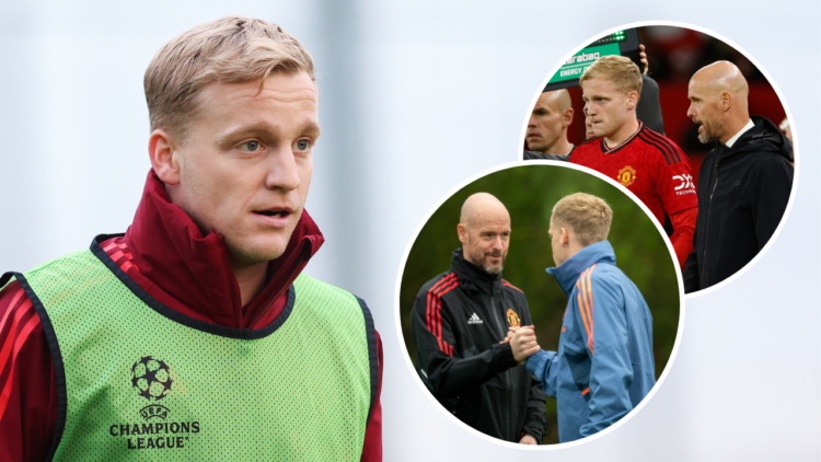 MANCHESTER, ENGLAND - DECEMBER 11: Donny van de Beek of Manchester United looks on during a training session at Carrington Training Ground on Decem...