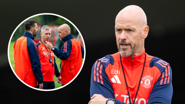 MANCHESTER, ENGLAND - JULY 22: Manager Erik ten Hag of Manchester United in action during a pre-season training session at Carrington Training Grou...