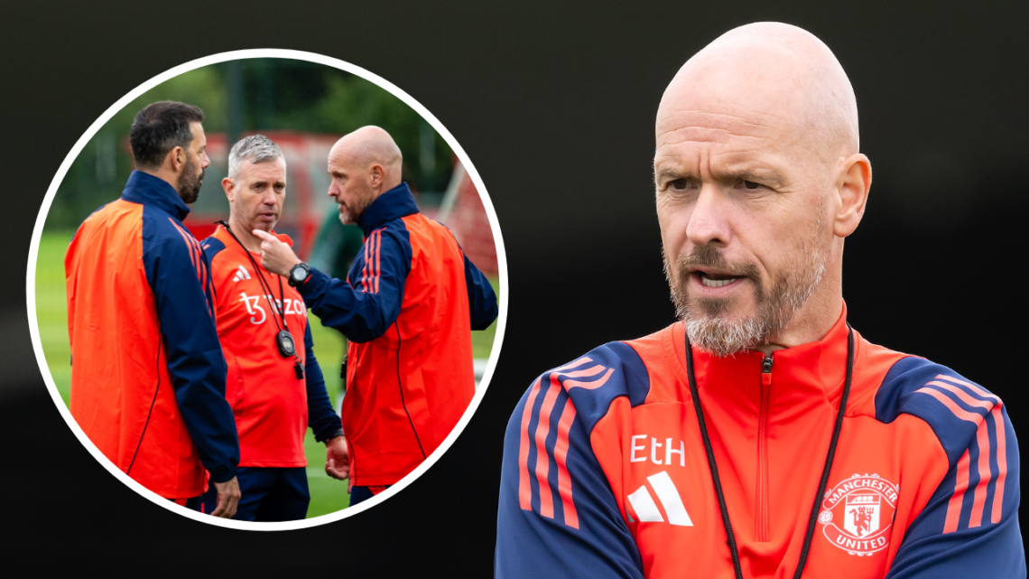 MANCHESTER, ENGLAND - JULY 22: Manager Erik ten Hag of Manchester United in action during a pre-season training session at Carrington Training Grou...
