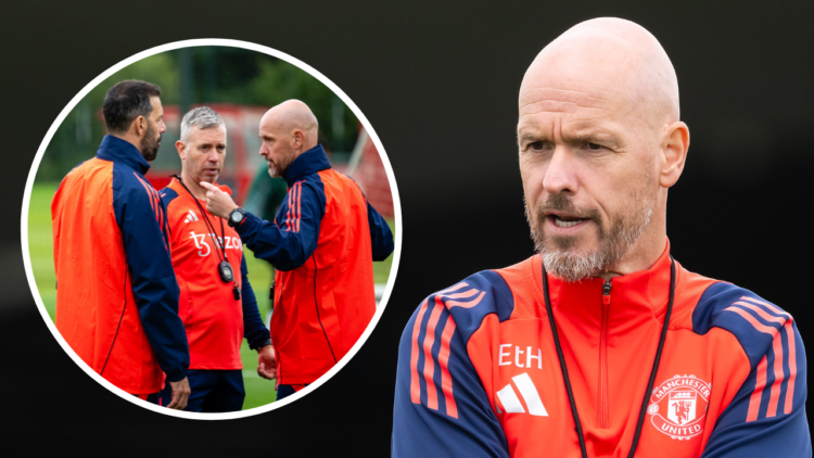 MANCHESTER, ENGLAND - JULY 22: Manager Erik ten Hag of Manchester United in action during a pre-season training session at Carrington Training Grou...