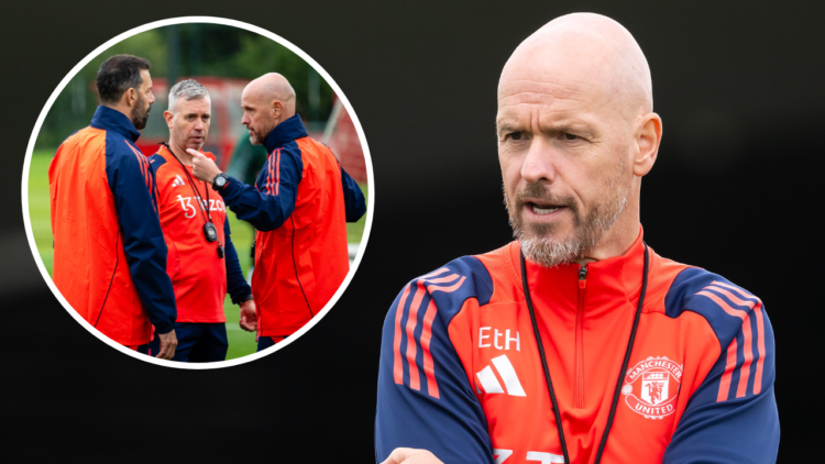 MANCHESTER, ENGLAND - JULY 22: Manager Erik ten Hag of Manchester United in action during a pre-season training session at Carrington Training Grou...