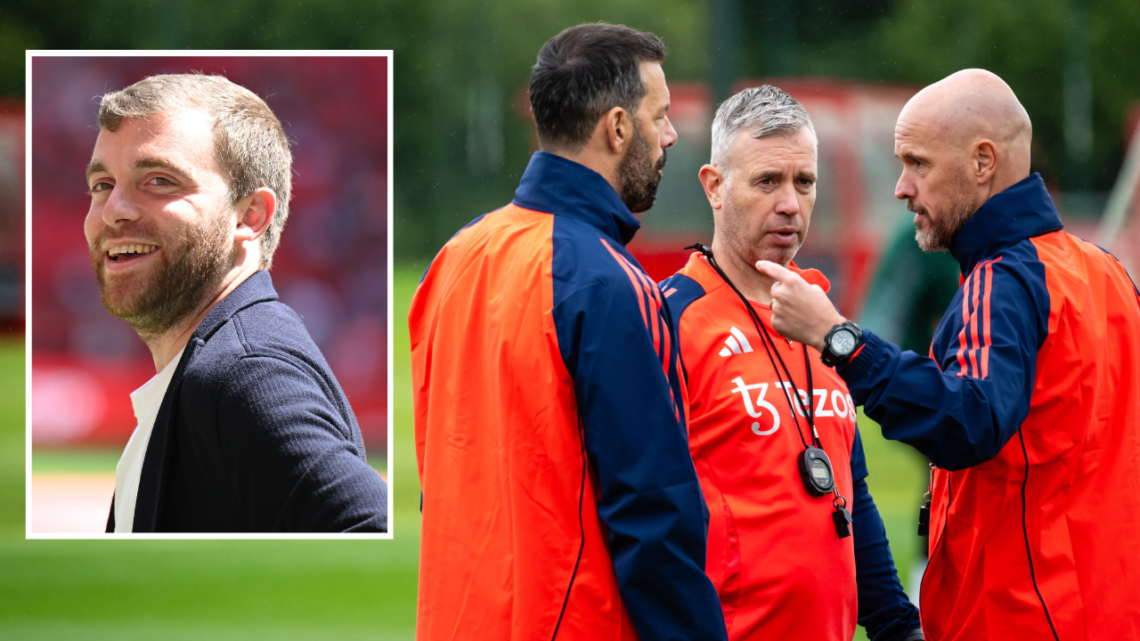 MANCHESTER, ENGLAND - JULY 11: Manager Erik ten Hag, Assistant Manager Ruud van Nistelrooy and Assistant Manager Rene Hake of Manchester United in ...