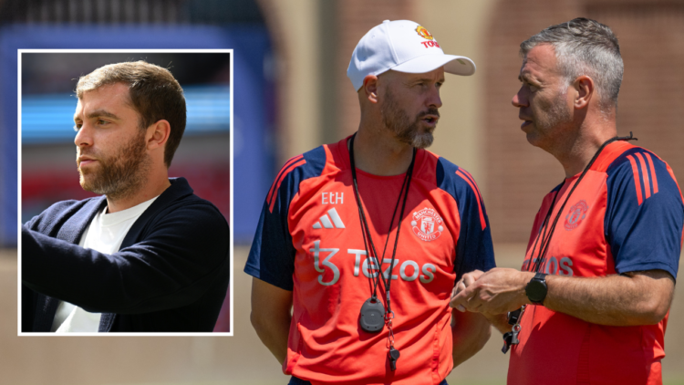 LOS ANGELES, CALIFORNIA - JULY 30: (EXCLUSIVE COVERAGE) Manager Erik ten Hag, Assistant manager Rene Hake of Manchester United in action during a f...