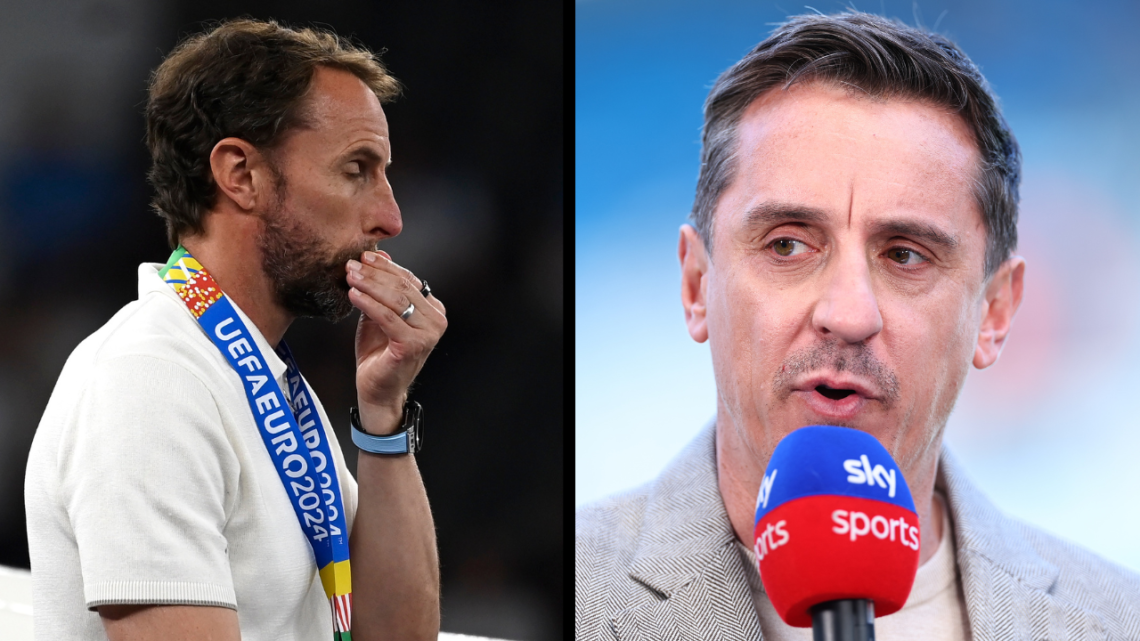 MANCHESTER, ENGLAND - MAY 19: Gary Neville presenting for Sky Sports ahead of the Premier League match between Manchester City and West Ham United ...