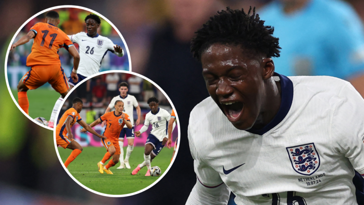 England's midfielder #26 Kobbie Mainoo reacts during the UEFA Euro 2024 semi-final football match between the Netherlands and England at the BVB St...