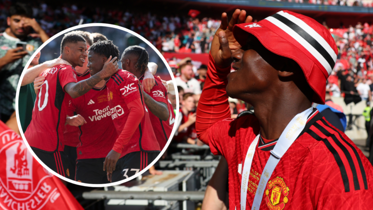 LONDON, ENGLAND - MAY 25: Kobbie Mainoo of Manchester United celebrates with the fans after the Emirates FA Cup Final match between Manchester City...