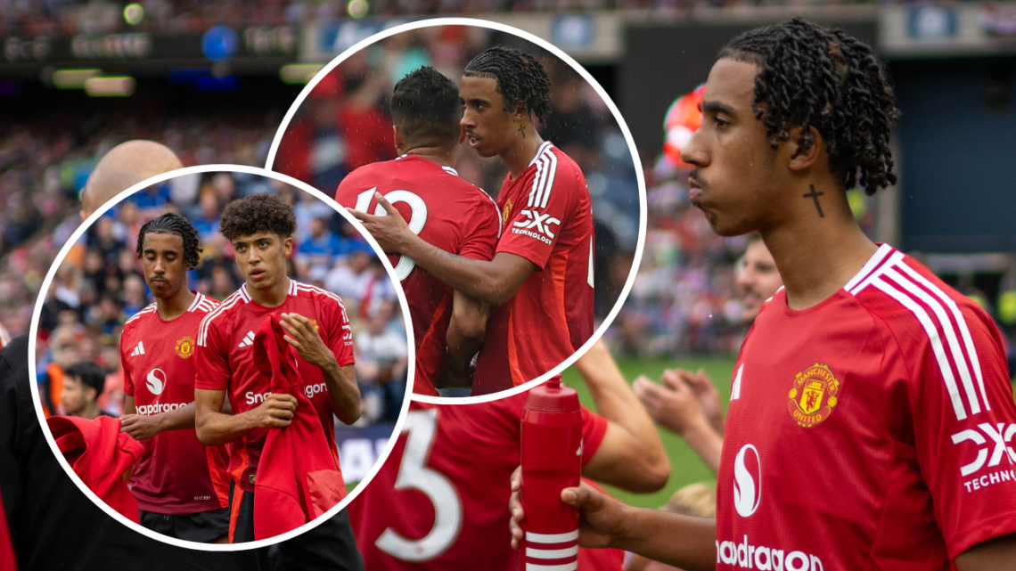 EDINBURGH, SCOTLAND - JULY 20: Leny Yoro of Manchester United walks out ahead of a pre-season friendly match between Manchester United v Glasgow Ra...