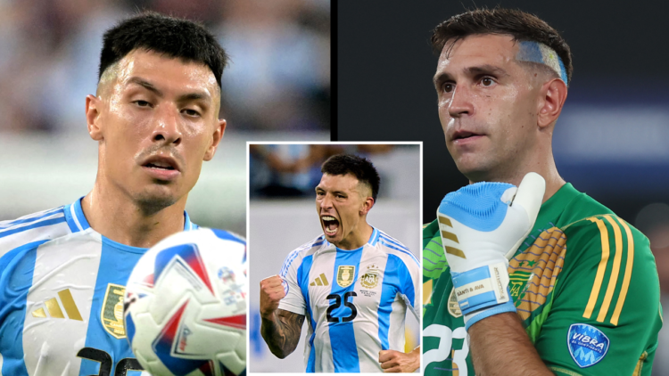 Argentina's defender #25 Lisandro Martinez eyes the ball during the Conmebol 2024 Copa America tournament semi-final football match between Argenti...