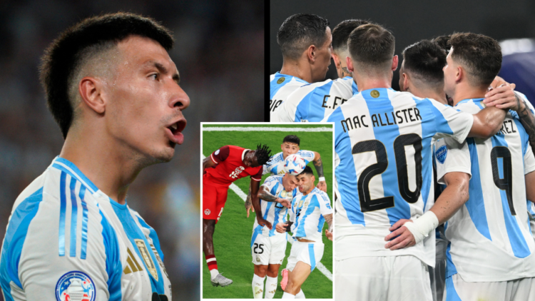 Argentina's defender #25 Lisandro Martinez celebrates his team's victory during the Conmebol 2024 Copa America tournament semi-final football match...