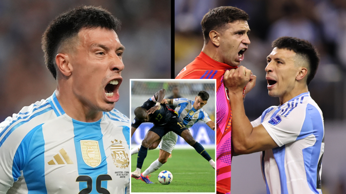 HOUSTON, TEXAS - JULY 04: (L-R) Emiliano Martinez and Lisandro Martinez of Argentina react after a missed penalty from Ecuador during the CONMEBOL ...