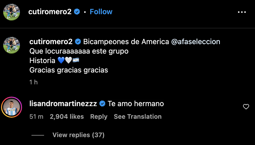 Lisandro Martinez left a comment on Cristian Romero’s post after Argentina’s 2024 Copa America final win. Credit: Instagram