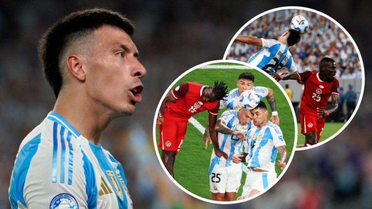 Argentina's defender #25 Lisandro Martinez celebrates his team's victory during the Conmebol 2024 Copa America tournament semi-final football match...