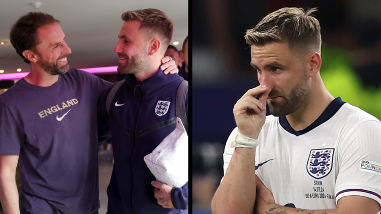 BERLIN, GERMANY - JULY 14: Luke Shaw of England looks disappointed & dejected during the UEFA EURO 2024 final match between Spain and England at Ol...