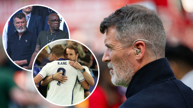 MANCHESTER, ENGLAND - MAY 12: Former Manchester United player and Sky Sports pundit Roy Keane stands pitchside ahead of the Premier League match be...