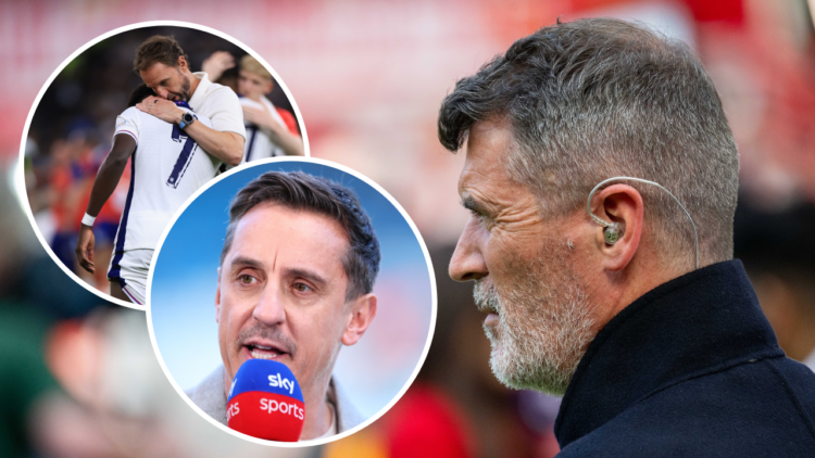 MANCHESTER, ENGLAND - MAY 12: Former Manchester United player and Sky Sports pundit Roy Keane stands pitchside ahead of the Premier League match be...