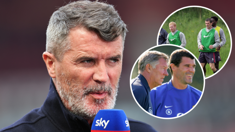 MANCHESTER, ENGLAND - MAY 12: Roy Keane working as a pundit for Sky Sports ahead of the Premier League match between Manchester United and Arsenal ...