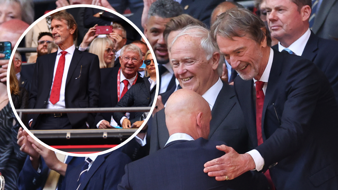 LONDON, ENGLAND - MAY 25: Sir Jim Ratcliffe, minority shareholder of Manchester United, shakes hands with Erik ten Hag, manager of Manchester Unite...