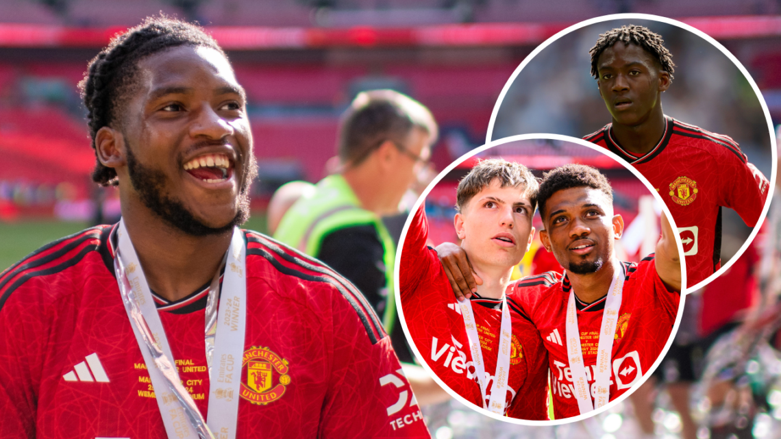 LONDON, ENGLAND - MAY 25: Willy Kambwala of Manchester United celebrates winning the Emirates FA Cup Final match between Manchester City and Manche...