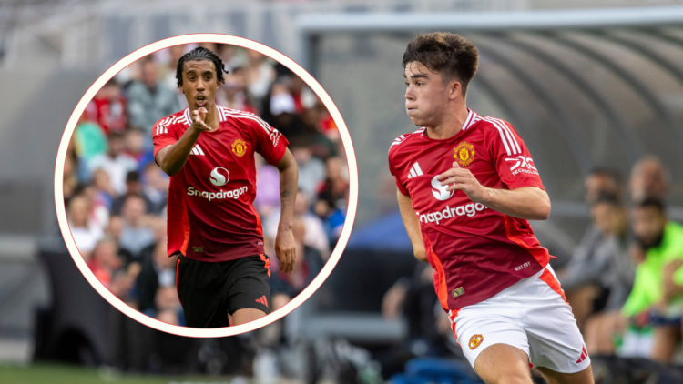 Harry Amass in action. Inset, Leny Yoro makes his United debut