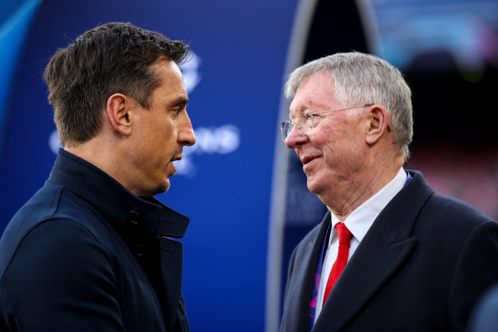 Gary Neville and Sir Alex Ferguson during the UEFA Champions League Quarter Final second leg match between FC Barcelona and Manchester United at Ca...