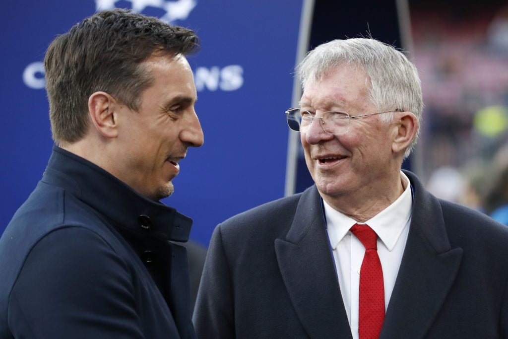 (L-R) Gary Neville, Sir Alex Ferguson during the UEFA Champions League quarter final match between FC Barcelona and Manchester United FC at Camp No...